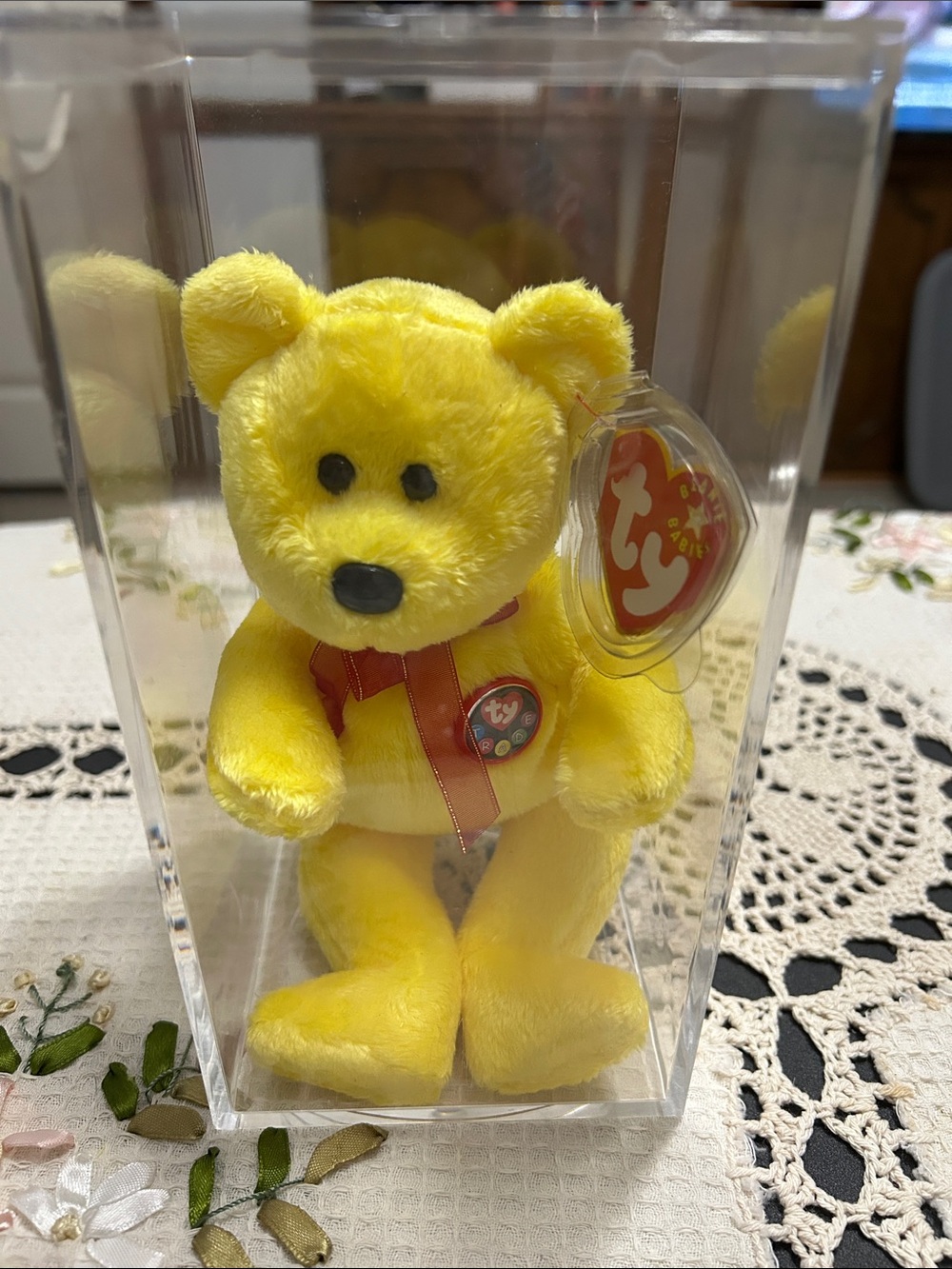 Ty Bright Yellow Beanie Bear with Red Ribbon